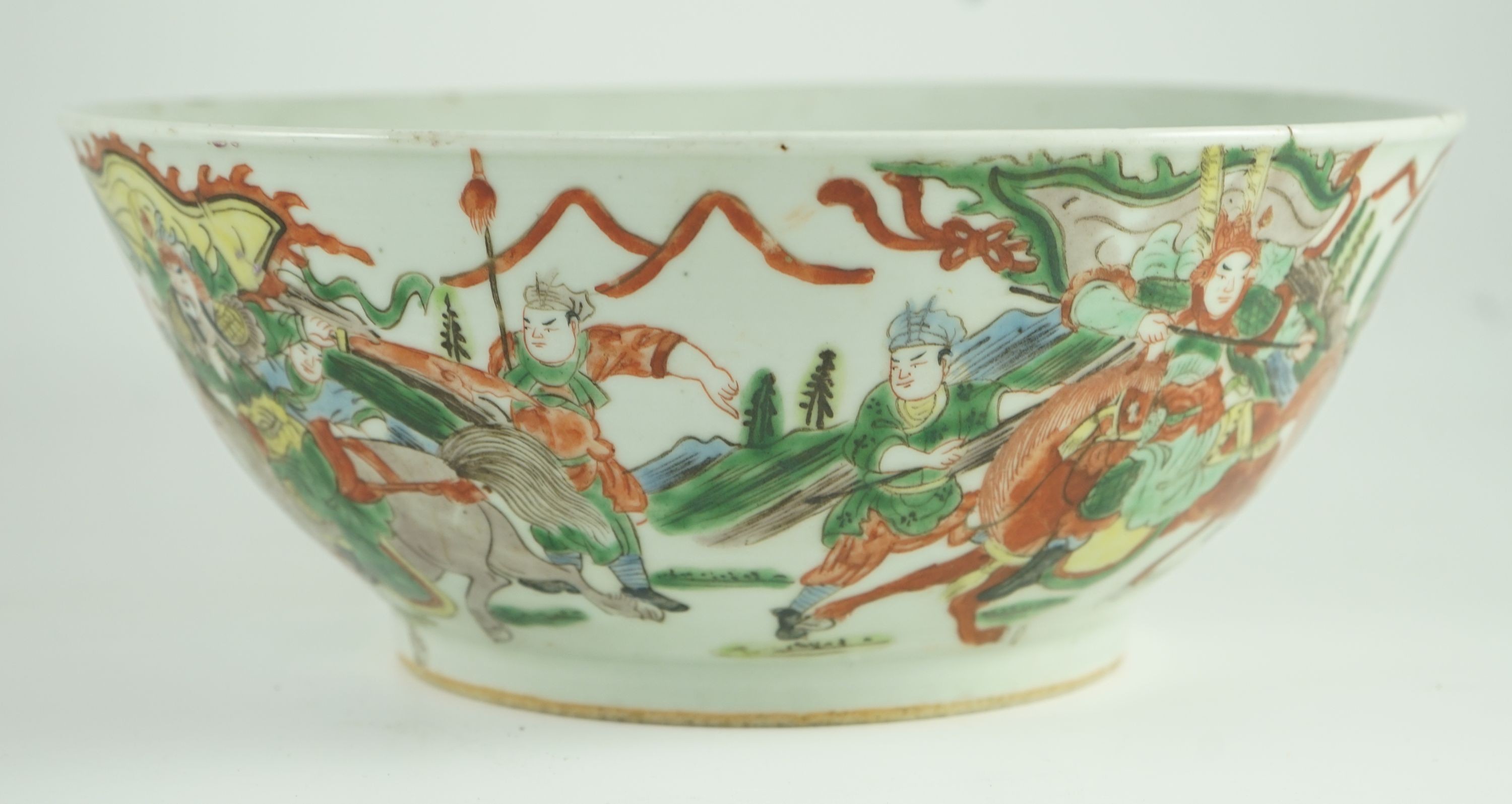 A Chinese famille verte ‘warriors’ bowl, 19th century, 29.7 cm diameter